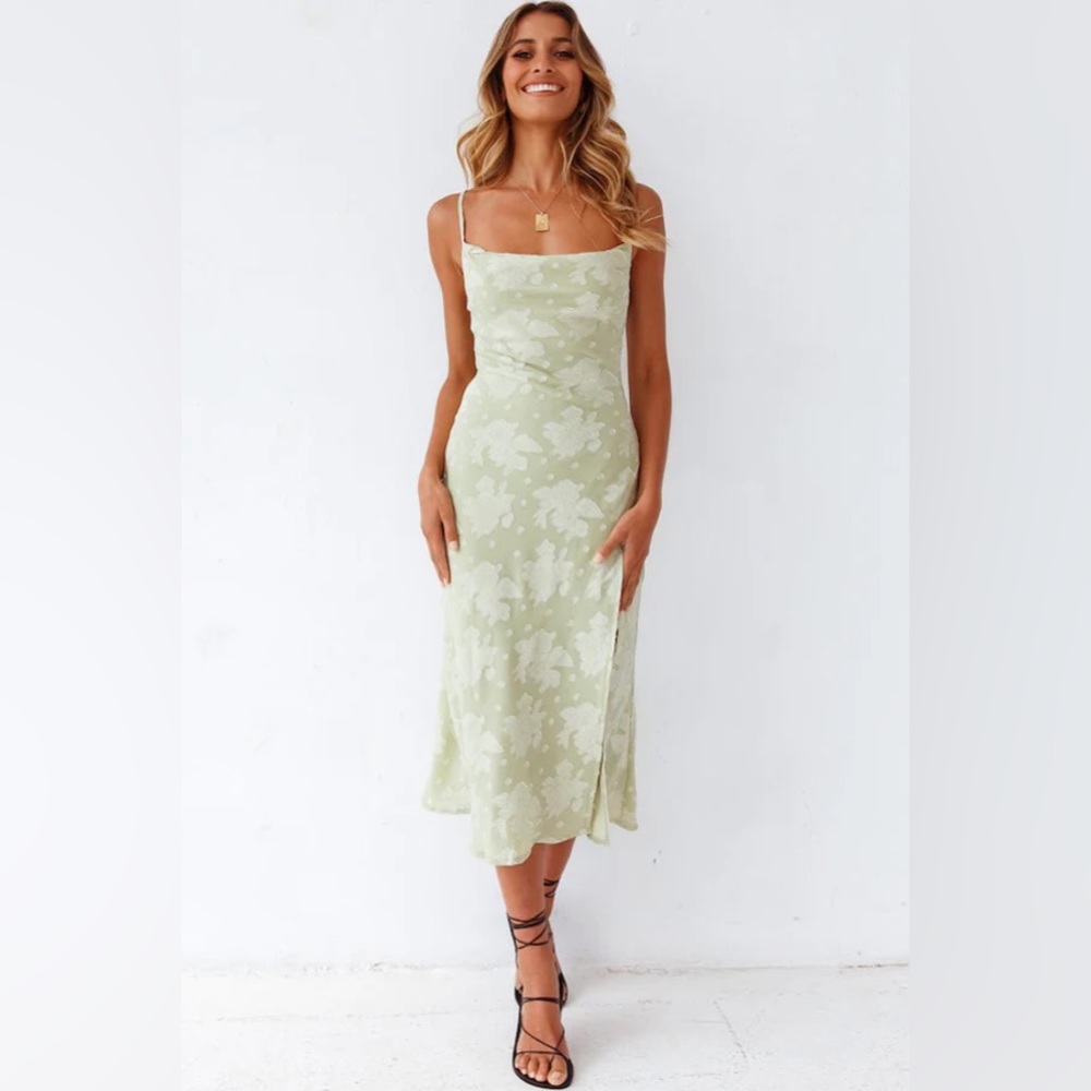 Floral cowl neck high slit slip midi dress (small) sage green